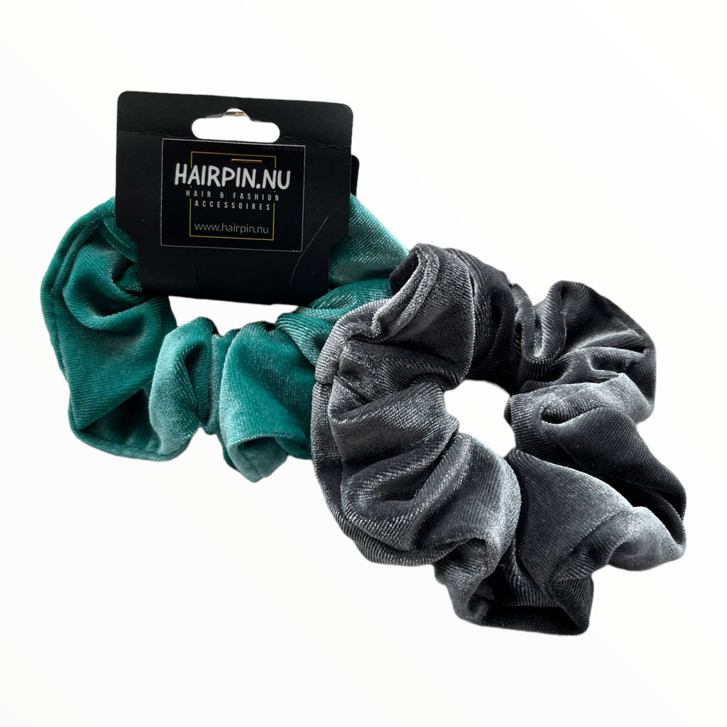 Set 2 scrunchies haarelastieken velvet grijs-petrol - HAIRPIN.NU