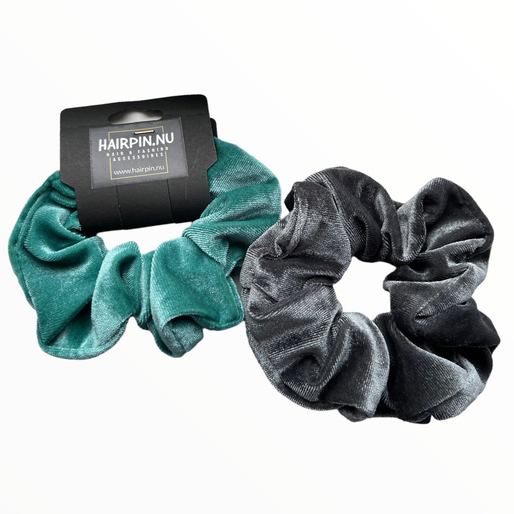 Set 2 scrunchies haarelastieken velvet grijs-petrol - HAIRPIN.NU