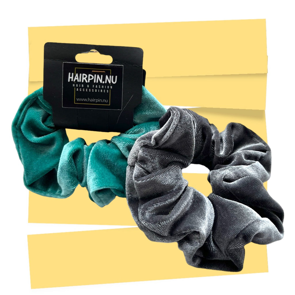 Set 2 scrunchies haarelastieken velvet grijs-petrol - HAIRPIN.NU