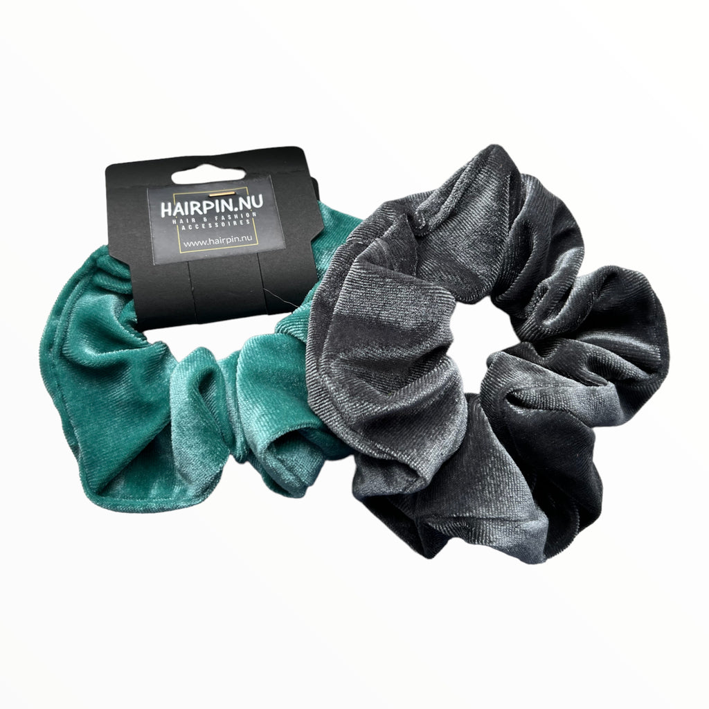 Set 2 scrunchies haarelastieken velvet grijs-petrol - HAIRPIN.NU