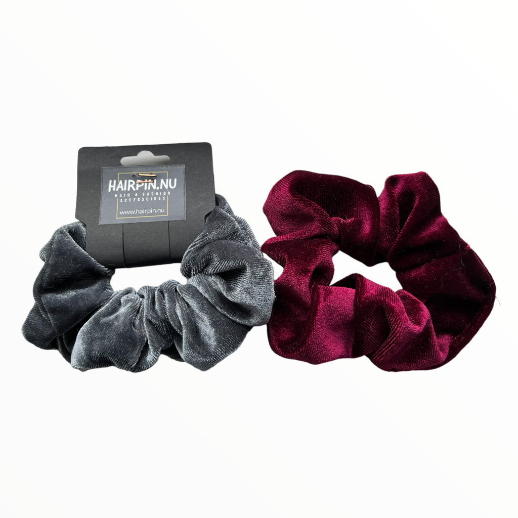 Set 2 scrunchies haarelastieken velvet grijs-rood - HAIRPIN.NU