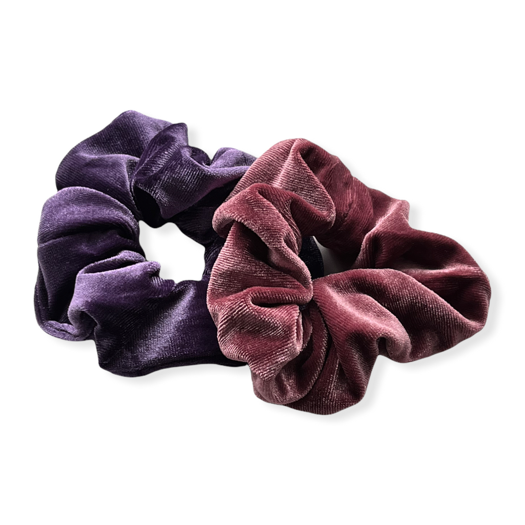 Set 2 scrunchies haarelastieken velvet paars/roze - HAIRPIN.NU