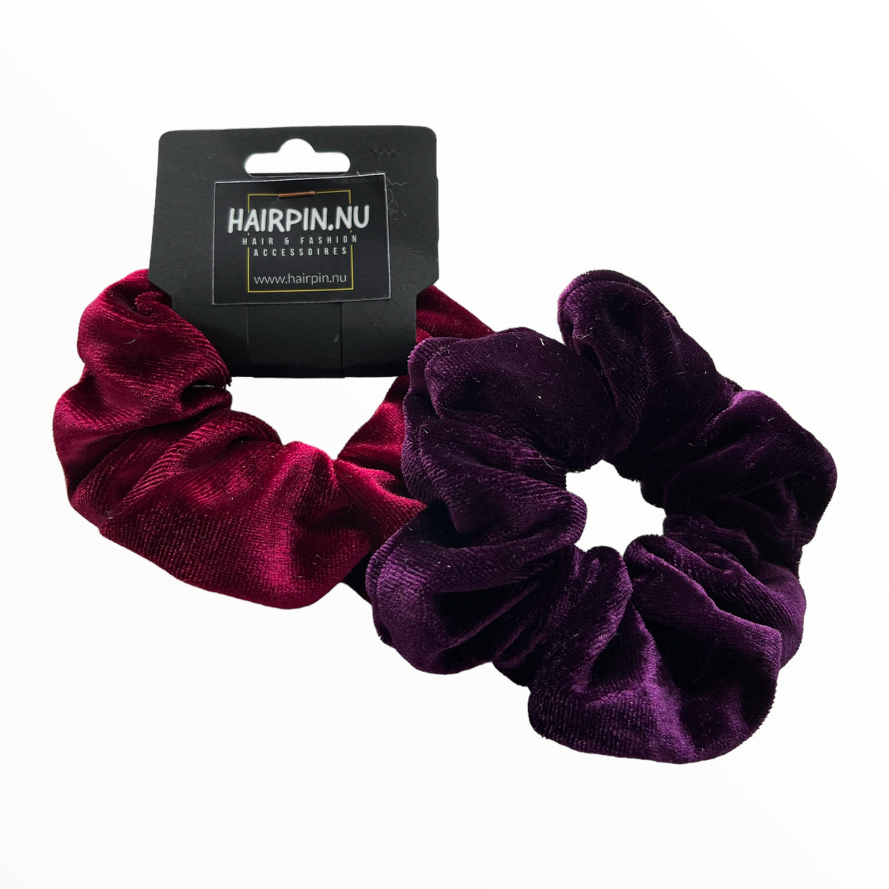 Set 2 scrunchies haarelastieken velvet rood/paars - HAIRPIN.NU