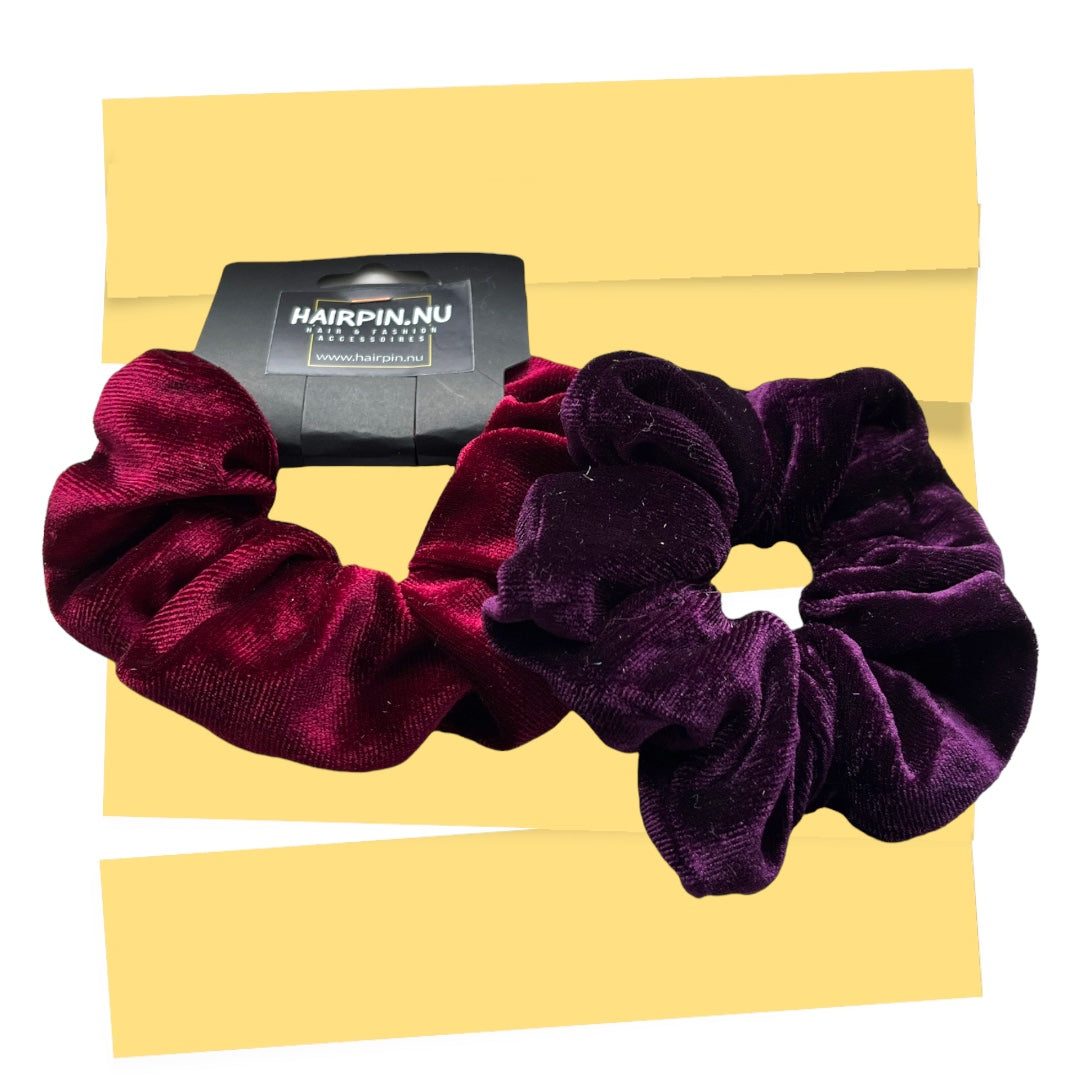Set 2 scrunchies haarelastieken velvet rood/paars - HAIRPIN.NU