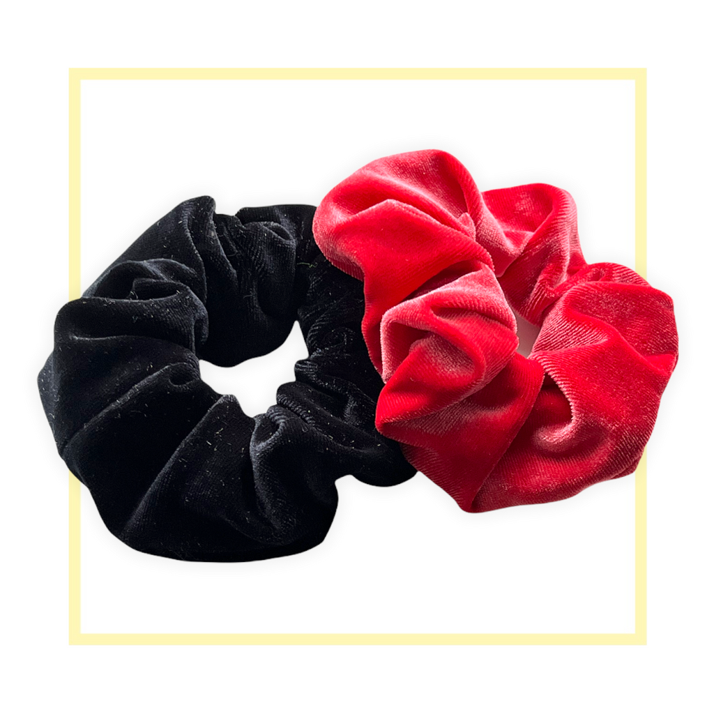 Set 2 scrunchies haarelastieken velvet zwart/rood - HAIRPIN.NU