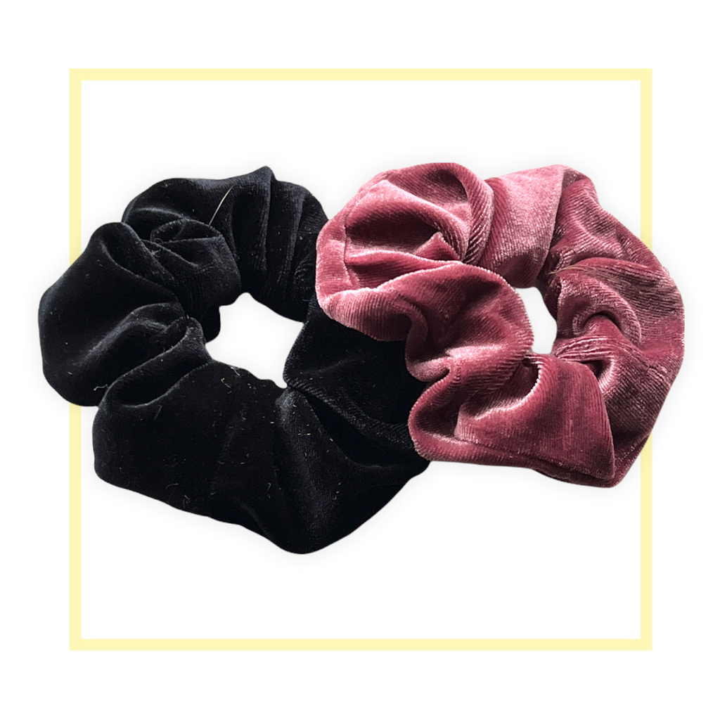 Set 2 scrunchies haarelastieken velvet zwart/roze - HAIRPIN.NU