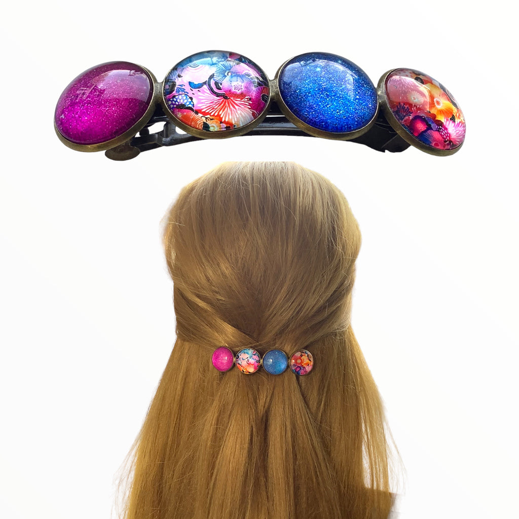 Color Hairclip XL glas cabochon haarspeld blauw-print 0132 - HAIRPIN.NU