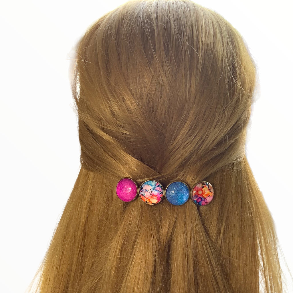 Color Hairclip XL glas cabochon haarspeld blauw-print 0132 - HAIRPIN.NU