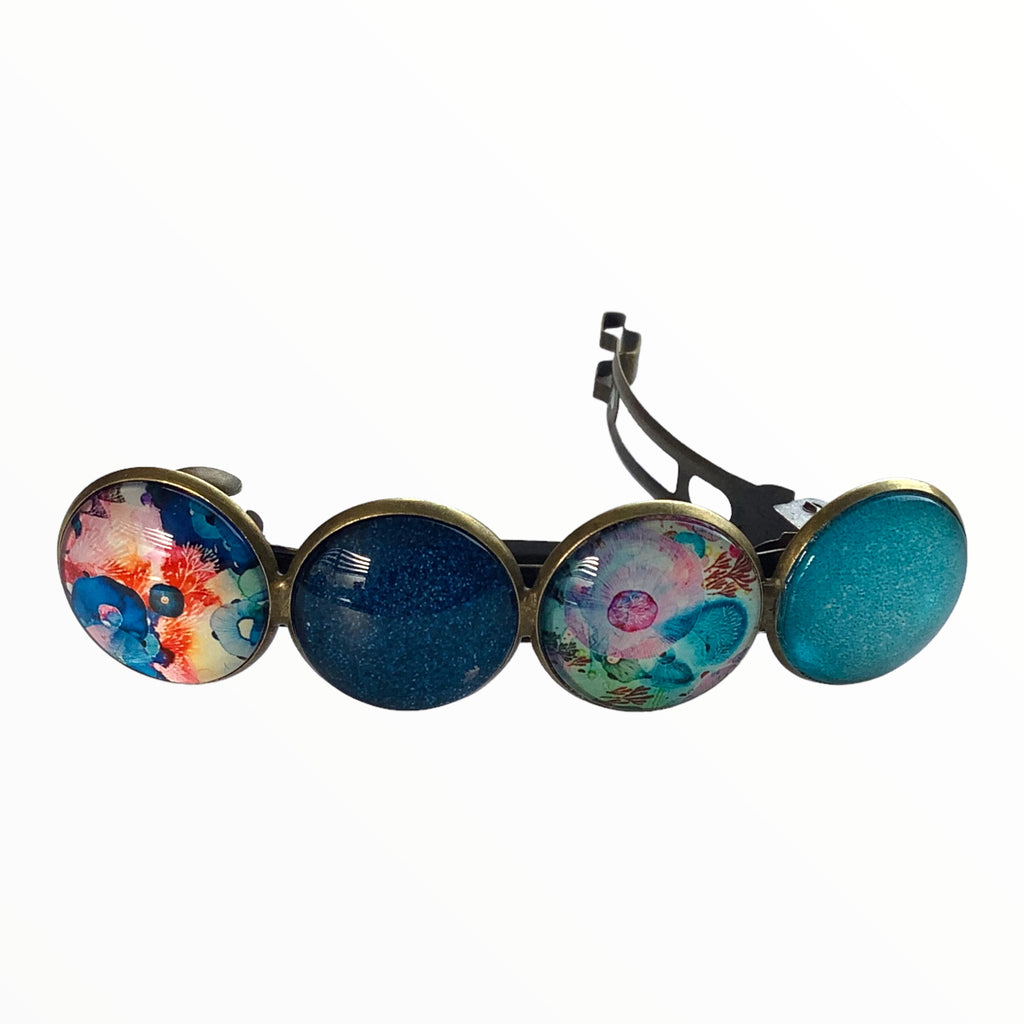 Color Hairclip XL glas cabochon haarspeld blauw-turquoise-print 0133 - HAIRPIN.NU