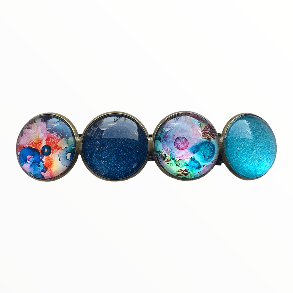 Color Hairclip XL glas cabochon haarspeld blauw-turquoise-print 0133 - HAIRPIN.NU
