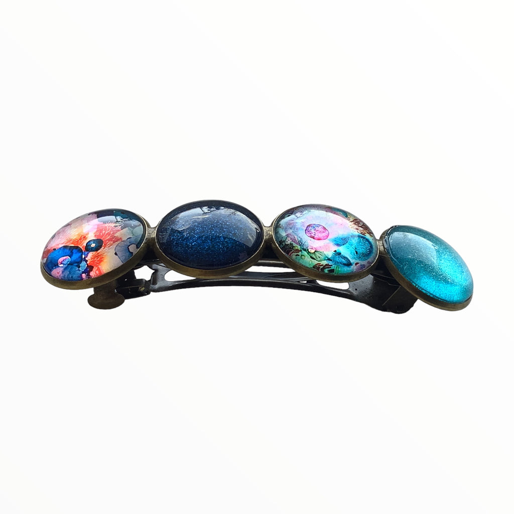 Color Hairclip XL glas cabochon haarspeld blauw-turquoise-print 0133 - HAIRPIN.NU