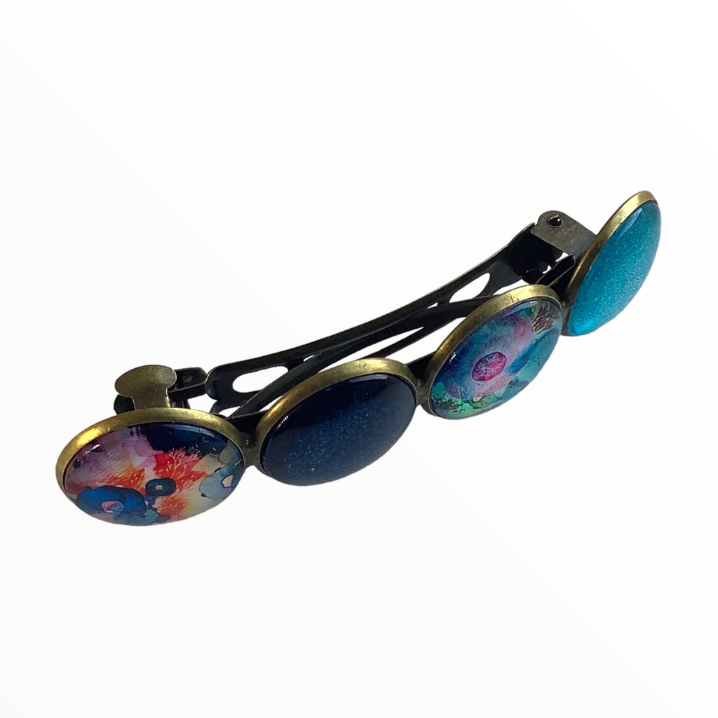 Color Hairclip XL glas cabochon haarspeld blauw-turquoise-print 0133 - HAIRPIN.NU