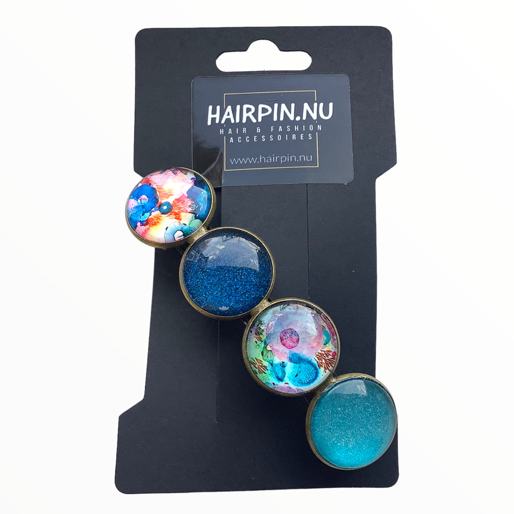 Color Hairclip XL glas cabochon haarspeld blauw-turquoise-print 0133 - HAIRPIN.NU