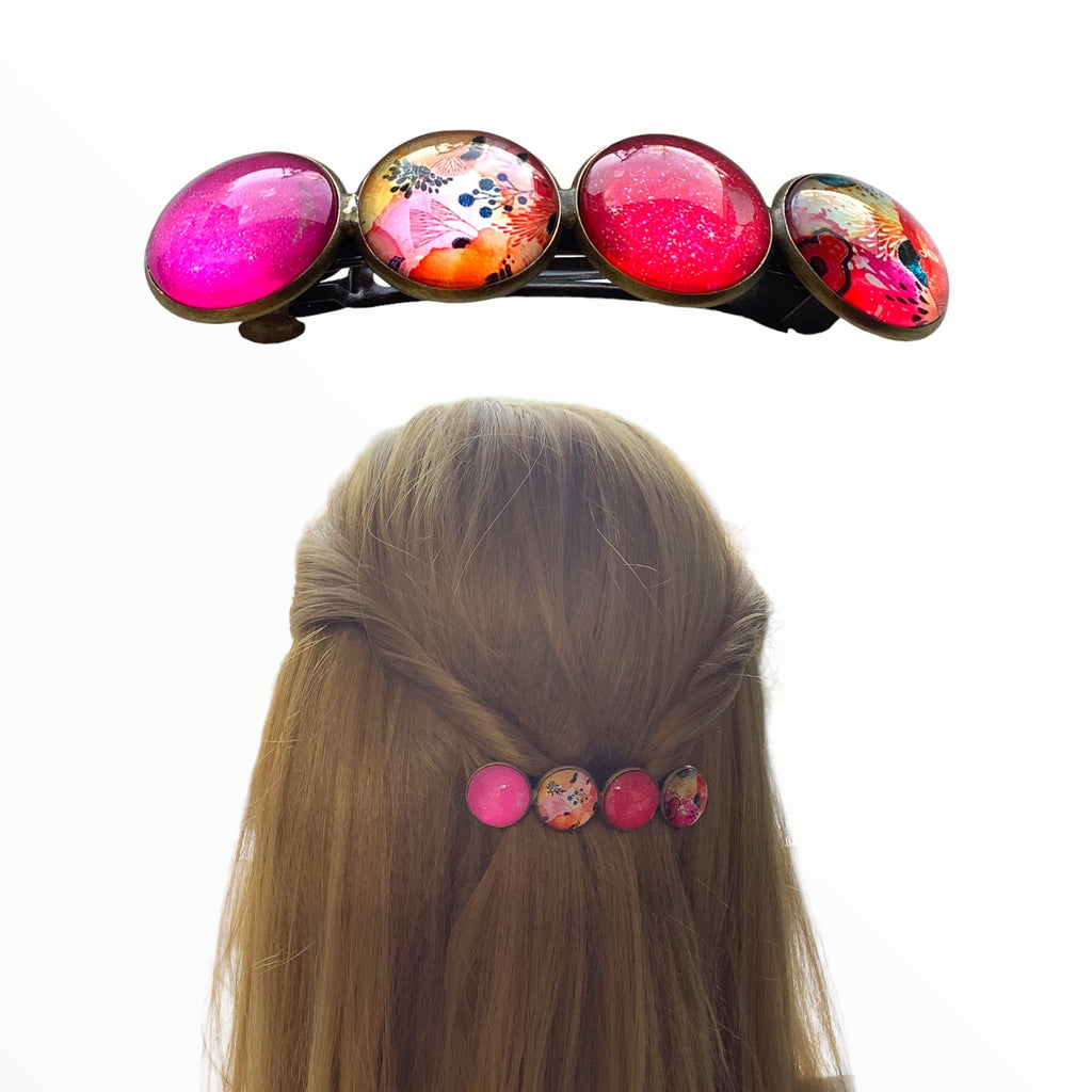 Color Hairclip XL glas cabochon haarspeld pink print 0135 - HAIRPIN.NU