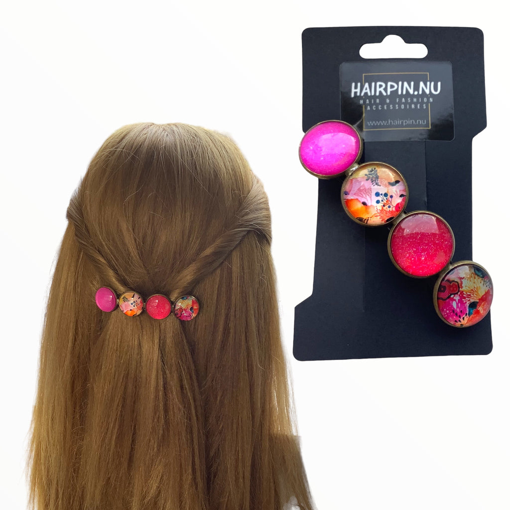Color Hairclip XL glas cabochon haarspeld pink print 0135 - HAIRPIN.NU
