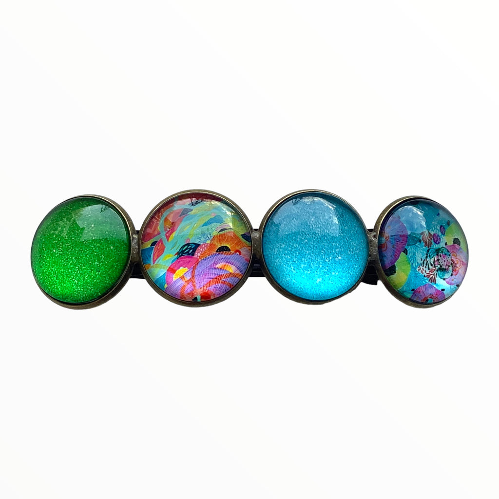 Color Hairclip XL glas cabochon haarspeld groen-turquoise print 0136 - HAIRPIN.NU