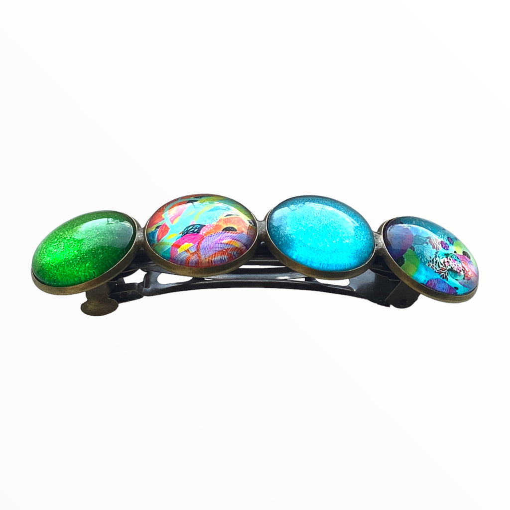 Color Hairclip XL glas cabochon haarspeld groen-turquoise print 0136 - HAIRPIN.NU