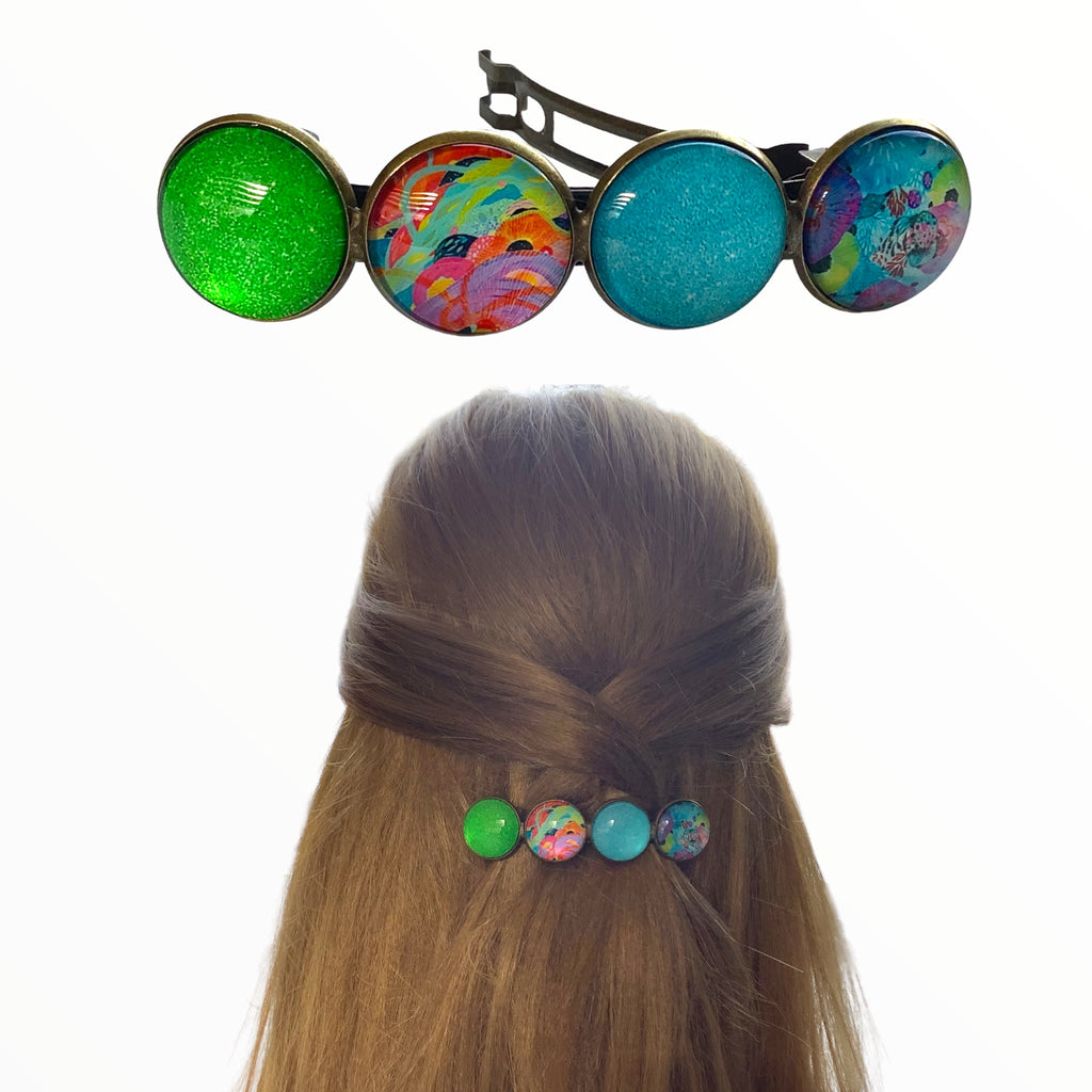 Color Hairclip XL glas cabochon haarspeld groen-turquoise print 0136 - HAIRPIN.NU