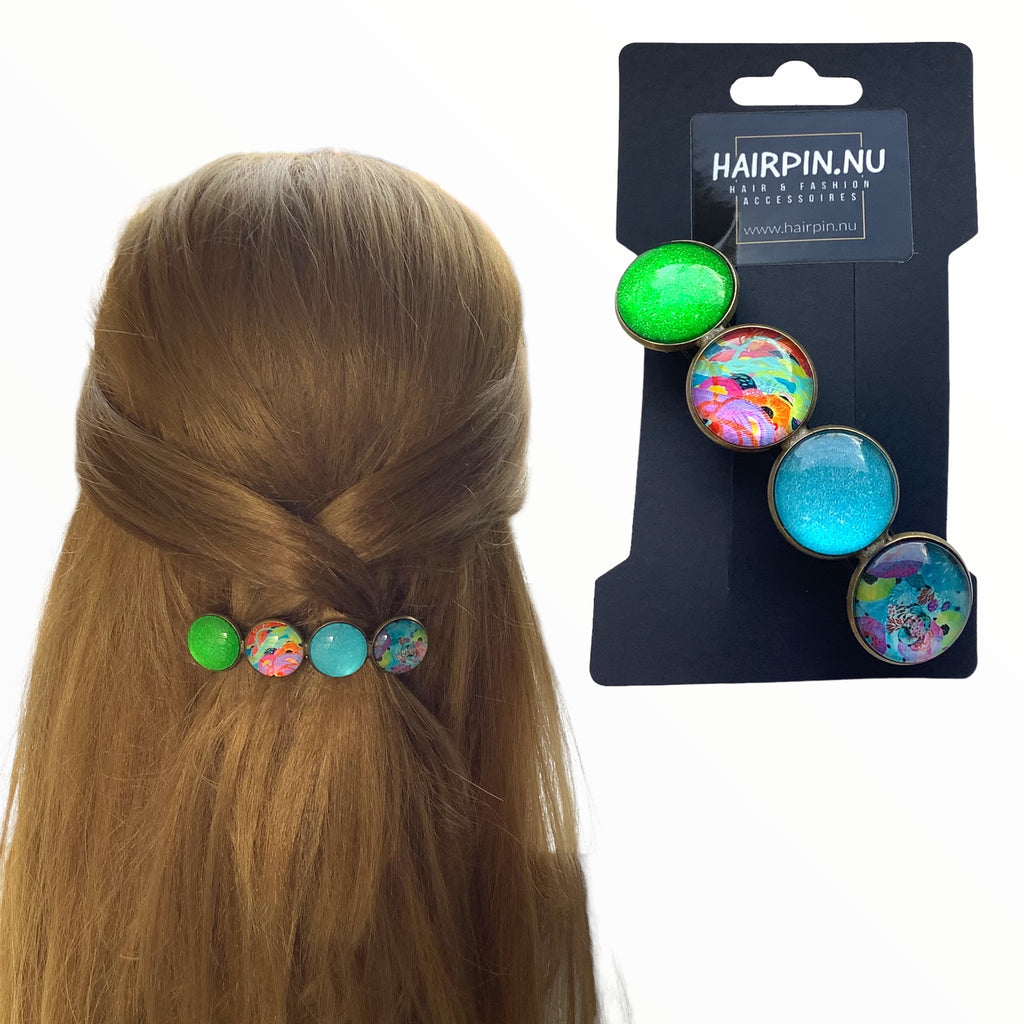 Color Hairclip XL glas cabochon haarspeld groen-turquoise print 0136 - HAIRPIN.NU