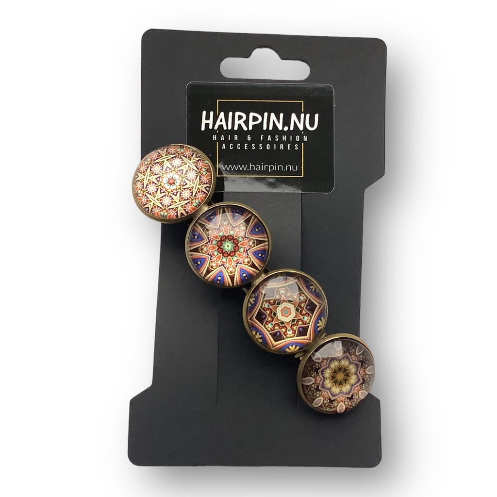 Hairclip XL glas cabochon haarspeld mandala bohemian ibiza bruin print 0140 - HAIRPIN.NU