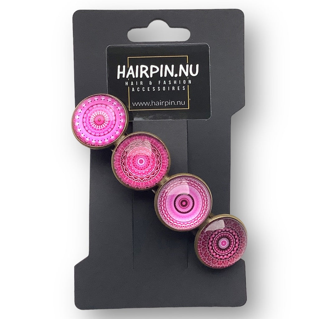 Hairclip XL glas cabochon haarspeld mandala bohemian ibiza roze print 0145 - HAIRPIN.NU