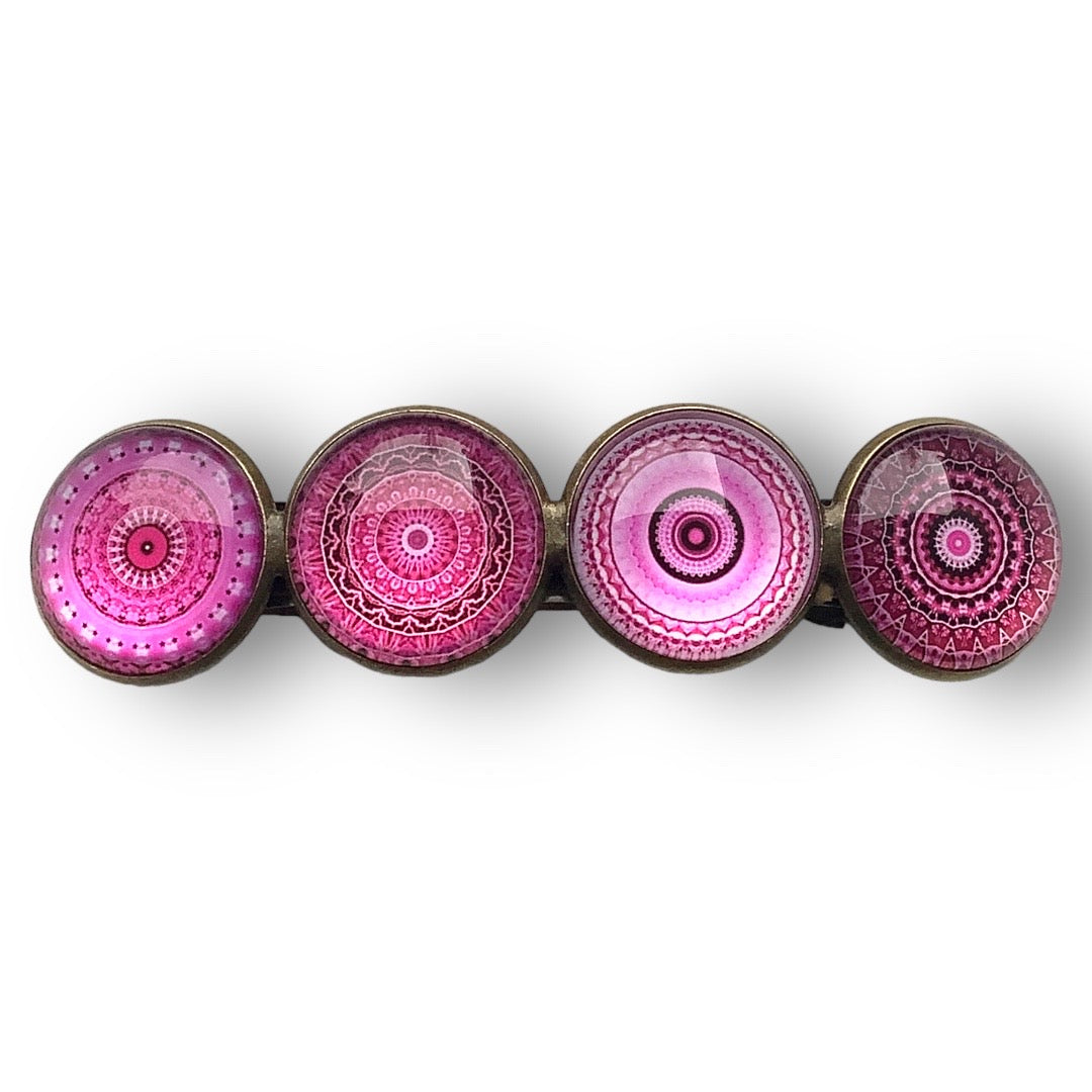 Hairclip XL glas cabochon haarspeld mandala bohemian ibiza roze print 0145 - HAIRPIN.NU