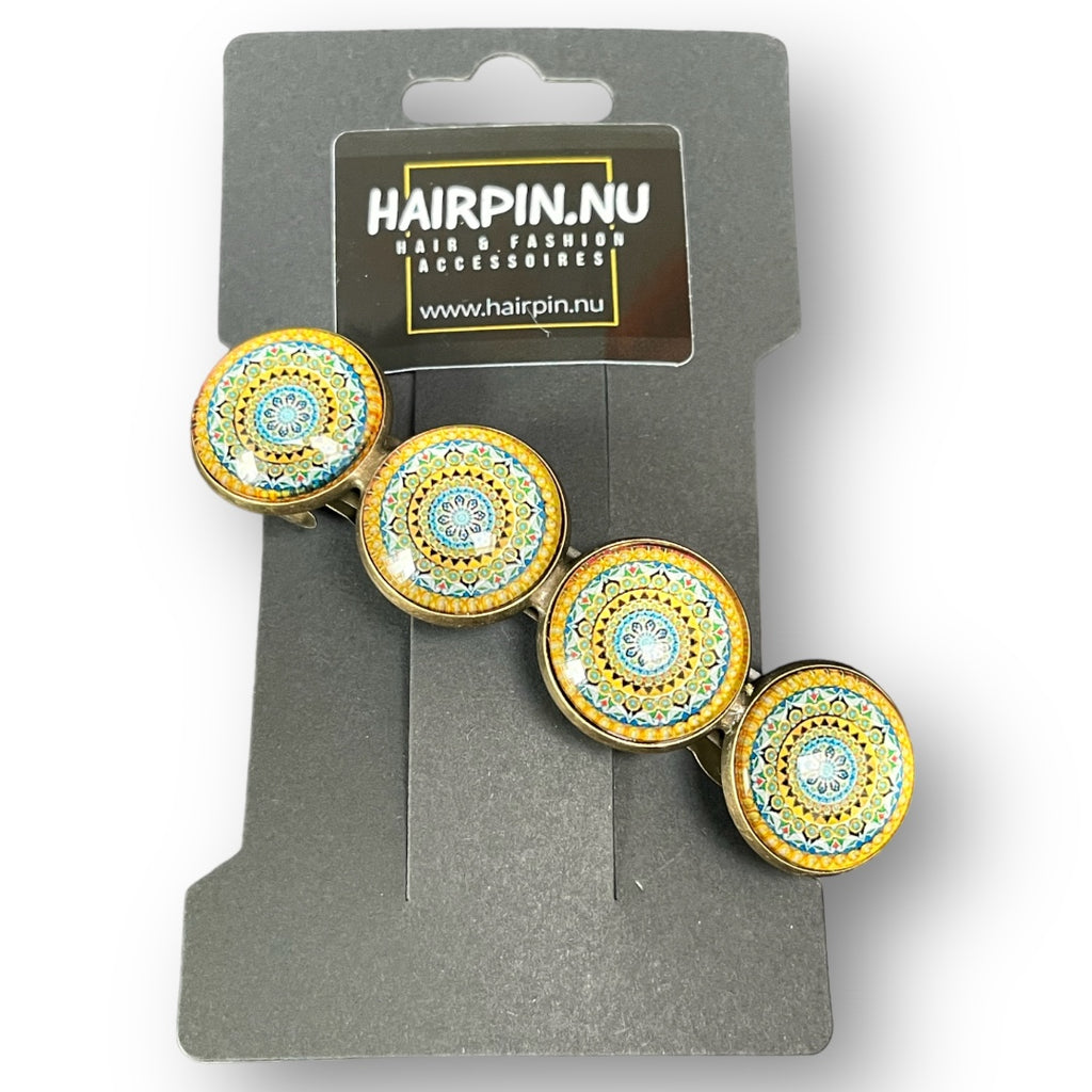 haarspeld-cabochon-Bohemian-Ibiza-geel-blauw-mandala-print-hairpin.nu