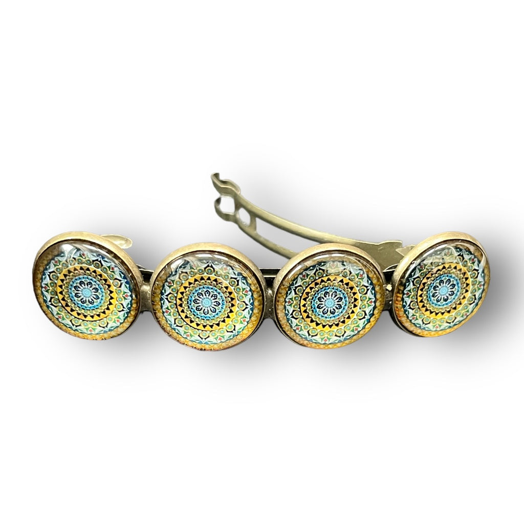 haarspeld-cabochon-Bohemian-Ibiza-geel-blauw-mandala-print-hairpin.nu