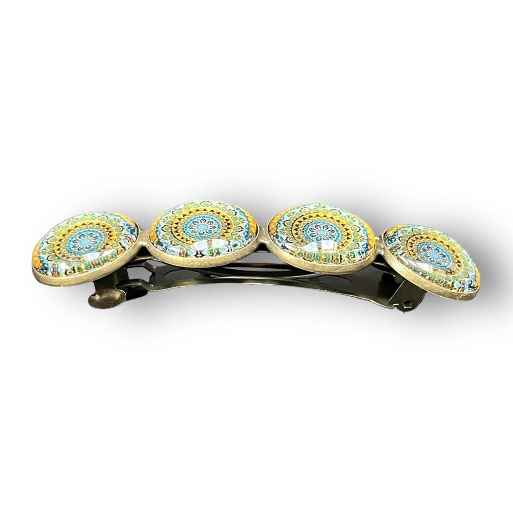 Hairclip XL glas cabochon haarspeld mandala bohemian ibiza geel blauw print 0146 - HAIRPIN.NU