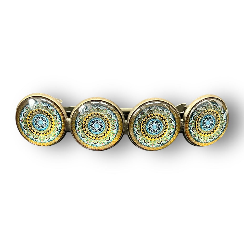Hairclip XL glas cabochon haarspeld mandala bohemian ibiza geel blauw print 0146 - HAIRPIN.NU