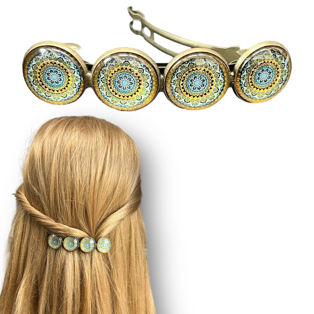 haarspeld-cabochon-Bohemian-Ibiza-geel-blauw-mandala-print-hairpin.nu