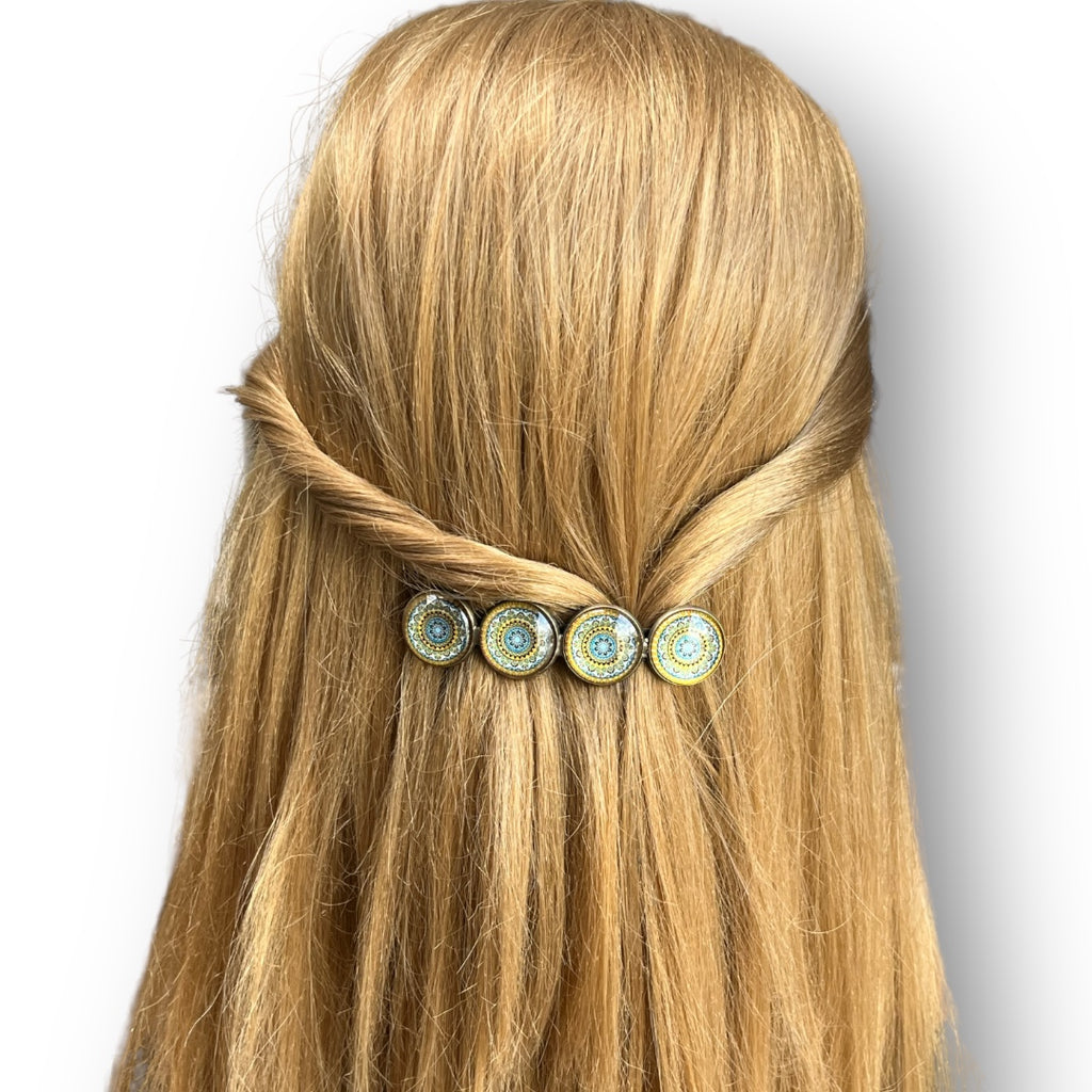 haarspeld-cabochon-Bohemian-Ibiza-geel-blauw-mandala-print-hairpin.nu