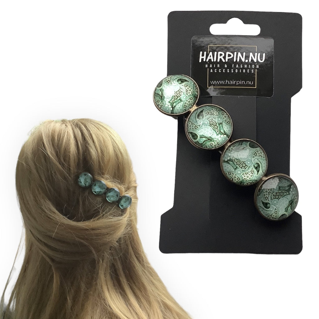 Hairclip XL glas cabochon haarspeld mandala bohemian ibiza boho groen print 0147 - HAIRPIN.NU