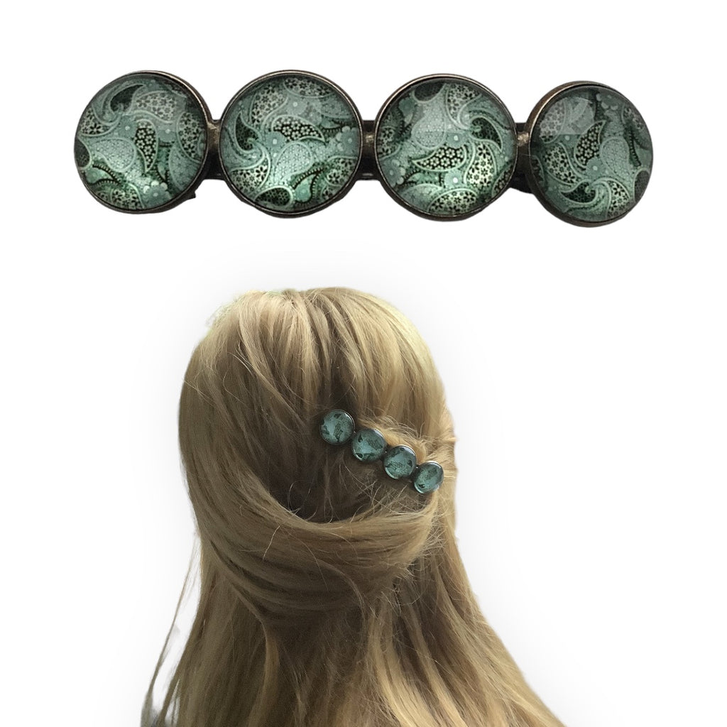 Hairclip XL glas cabochon haarspeld mandala bohemian ibiza boho groen print 0147 - HAIRPIN.NU