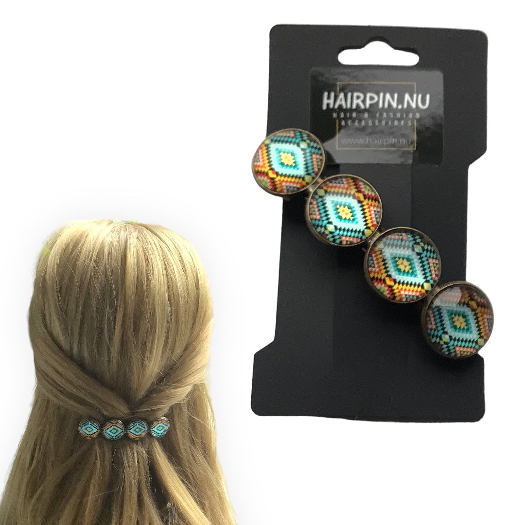 Hairclip XL glas cabochon haarspeld mandala bohemian ibiza boho print 0148 - HAIRPIN.NU