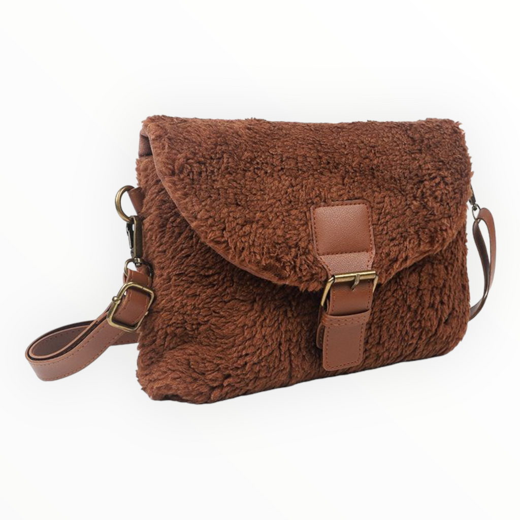 Donker Camel teddy schoudertasje / crossbody Bukti - HAIRPIN.NU