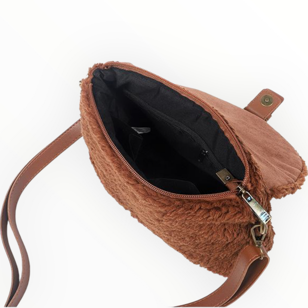 Donker Camel teddy schoudertasje / crossbody Bukti - HAIRPIN.NU