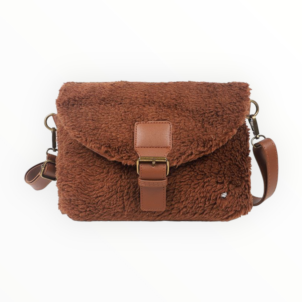 Donker Camel teddy schoudertasje / crossbody Bukti - HAIRPIN.NU