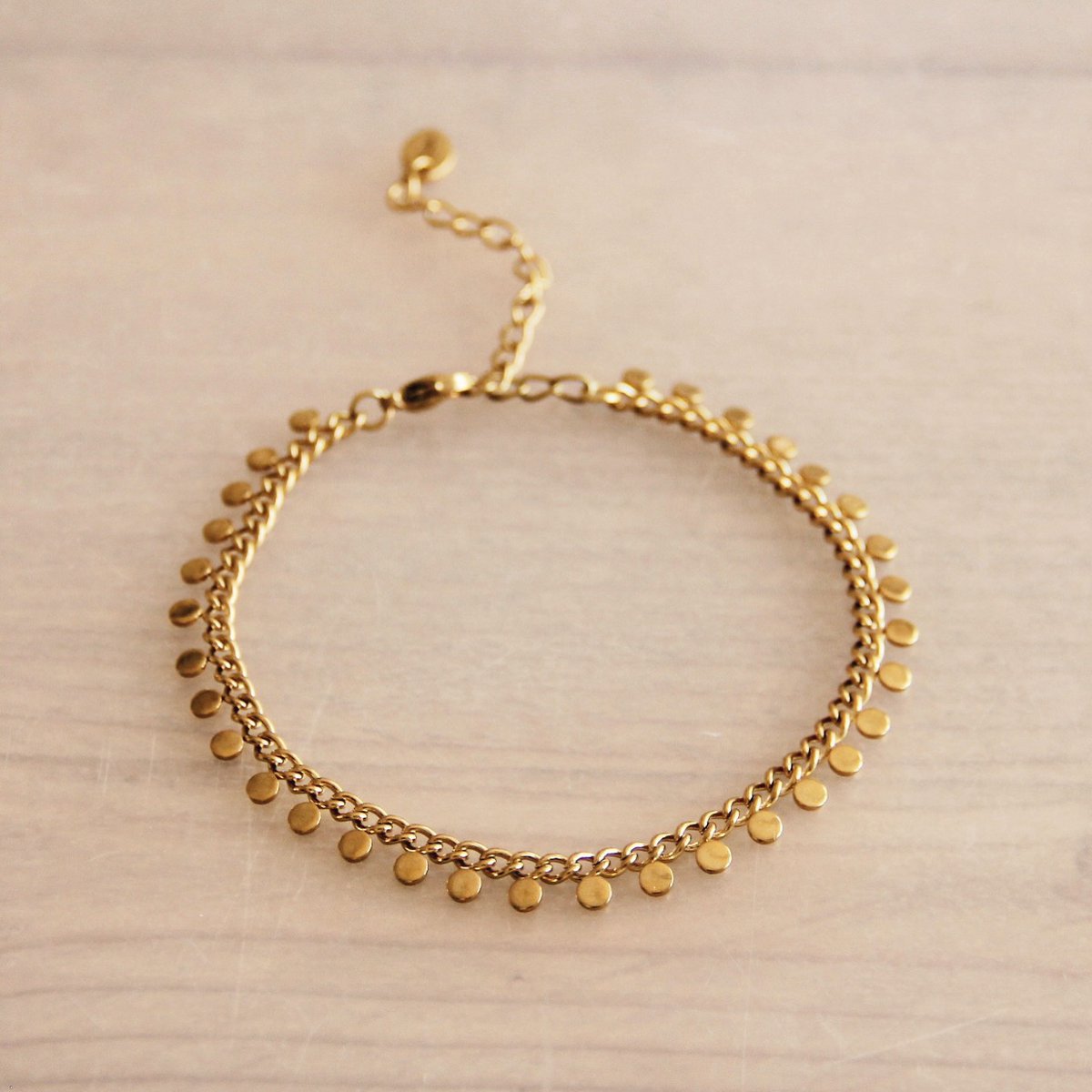SA832: Stalen schakelarmband met muntjes - goud