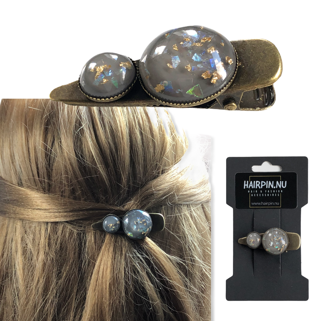 Hairclip cabochon grijs/goud - HAIRPIN.NU