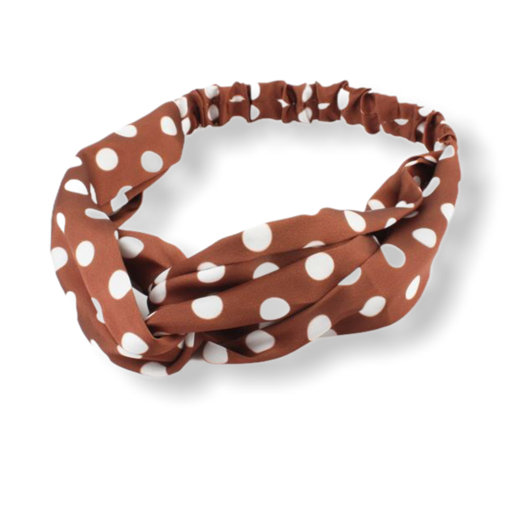 Set bruin met witte dots haarband / bandana met 2 scrunchies - HAIRPIN.NU