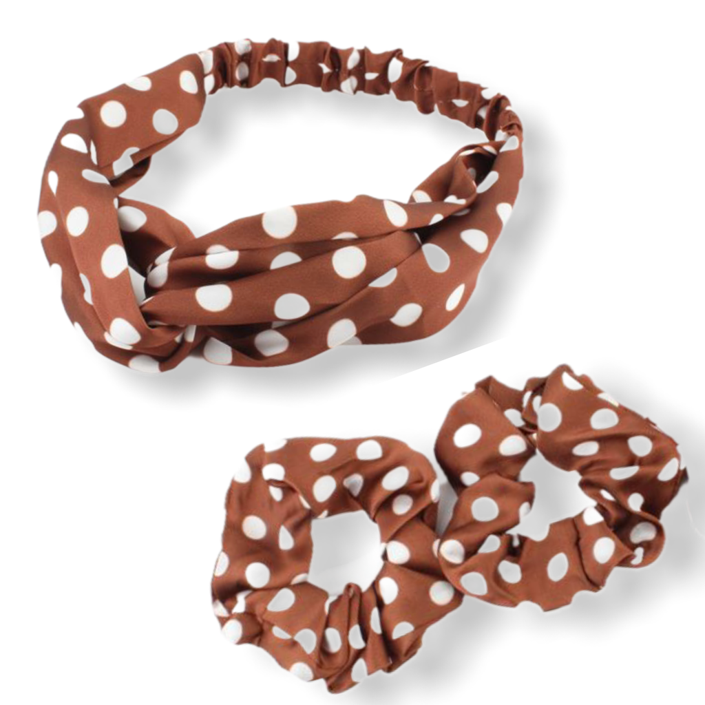 Set bruin met witte dots haarband / bandana met 2 scrunchies - HAIRPIN.NU