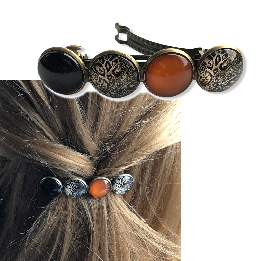 haarspeld-color-hairclip-zwart-bruin-print--cabochon-hairpin