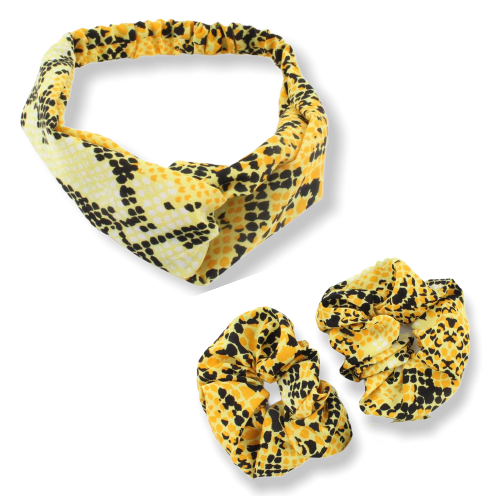 Set geel print haarband / bandana met 2 scrunchies - HAIRPIN.NU