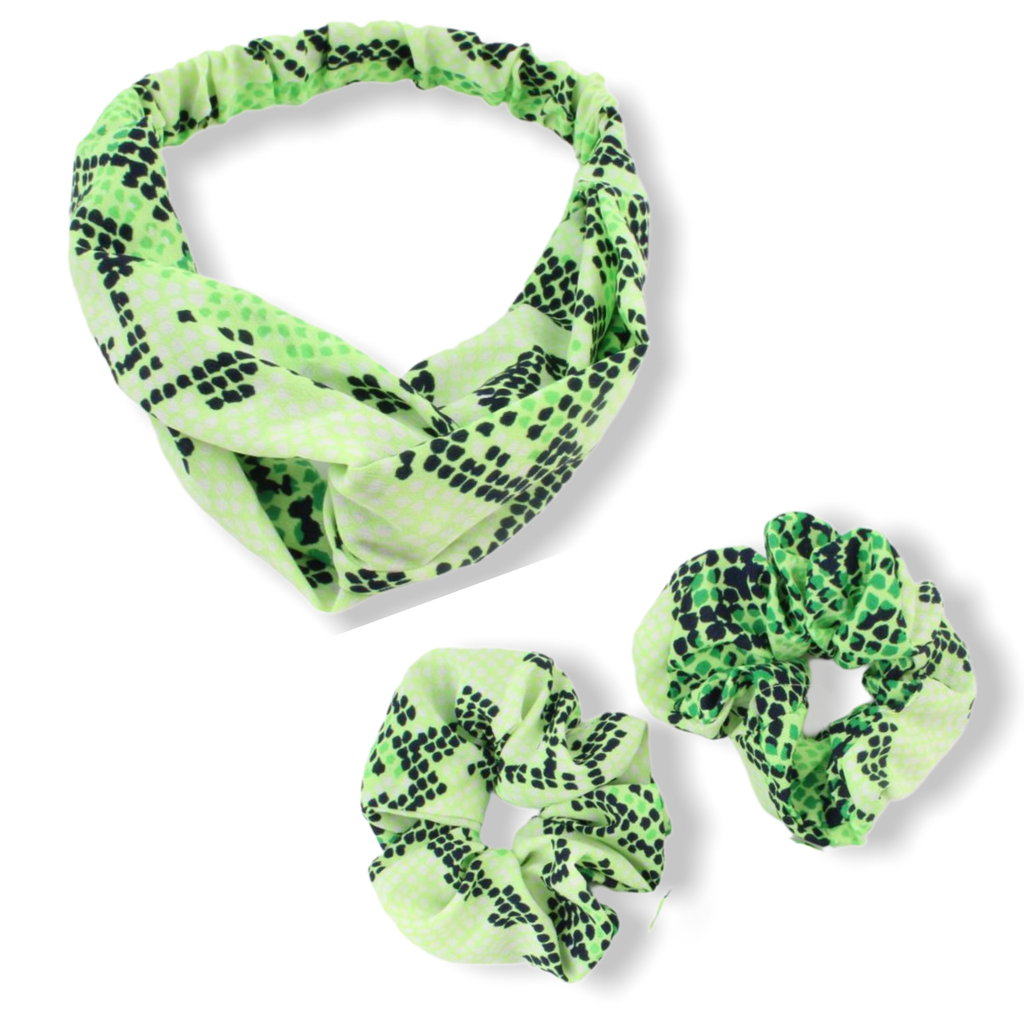 Set groen print haarband / bandana met 2 scrunchies - HAIRPIN.NU