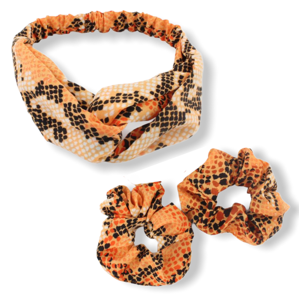 Set oranje print haarband / bandana met 2 scrunchies - HAIRPIN.NU