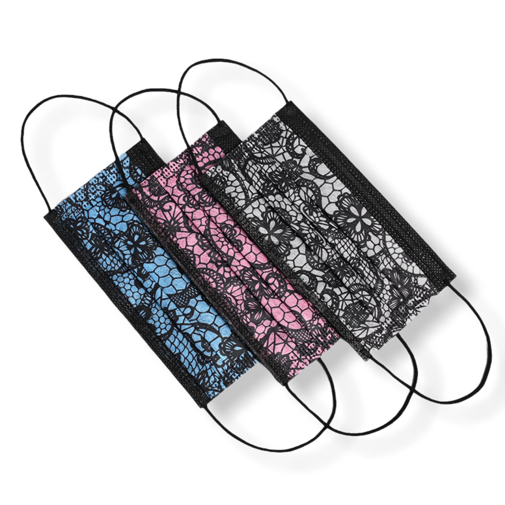 Mondkapje met kantprint motief roze-blauw-zwart 3 stuks - HAIRPIN.NU