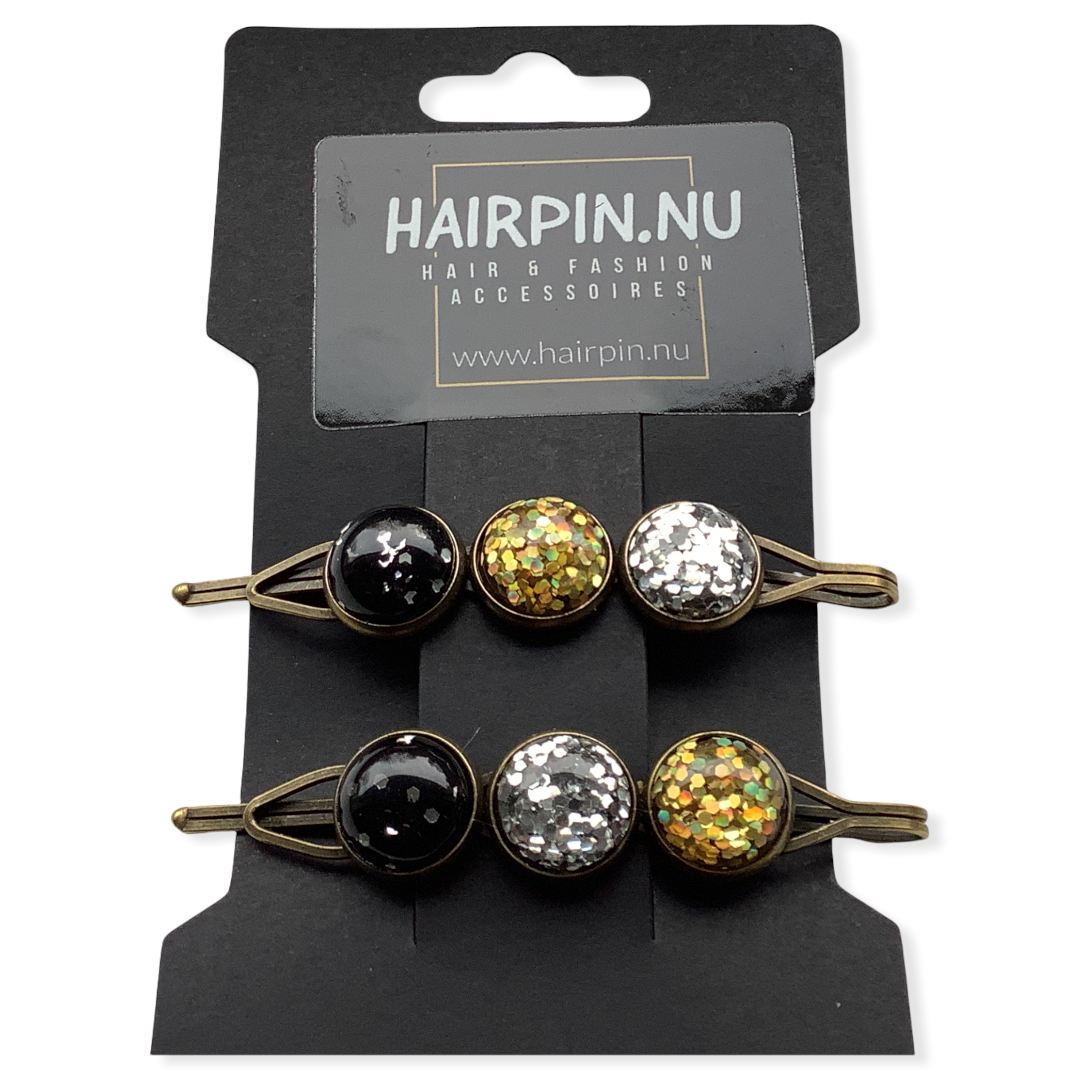 Color schuifspeld glossy goud-zwart-zilver 2 stuks - HAIRPIN.NU