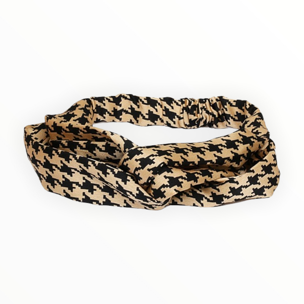 Haarband Silk camel-zwart Pied de Poule ruit - HAIRPIN.NU