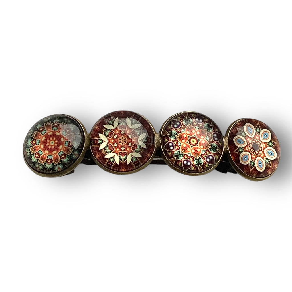 Hairclip XL glas cabochon haarspeld mandala bohemian ibiza bruin print 0141 - HAIRPIN.NU